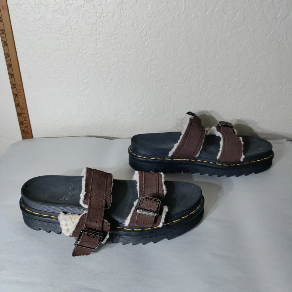 Dr. Martens Myles Faux Fur Lined Brown Suede Platform Slide Sandals Mens 11 L 12